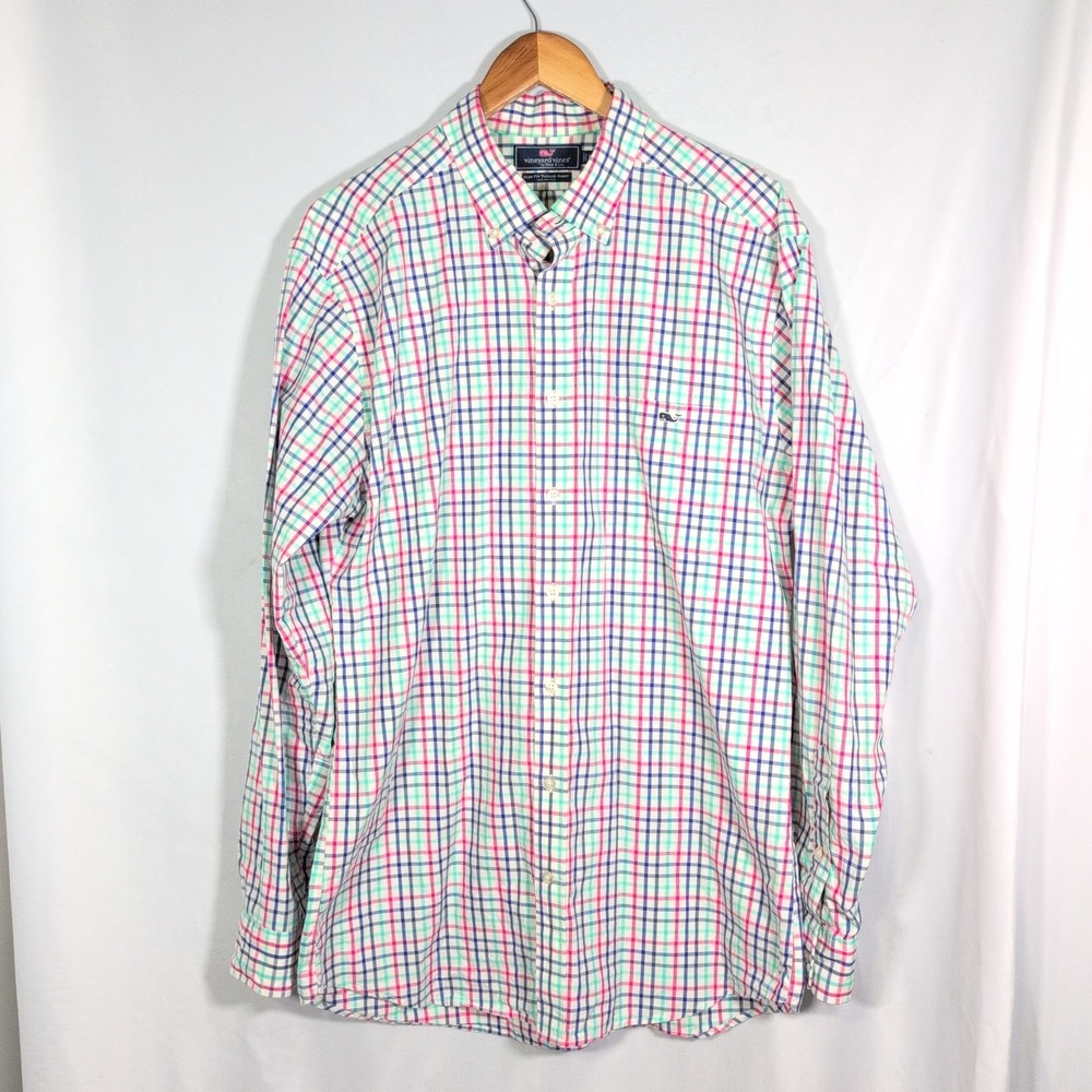 Vineyard Vines Shirt Mens XL Blue Pink Plaid Slim Fit Tucker Cotton Button Down